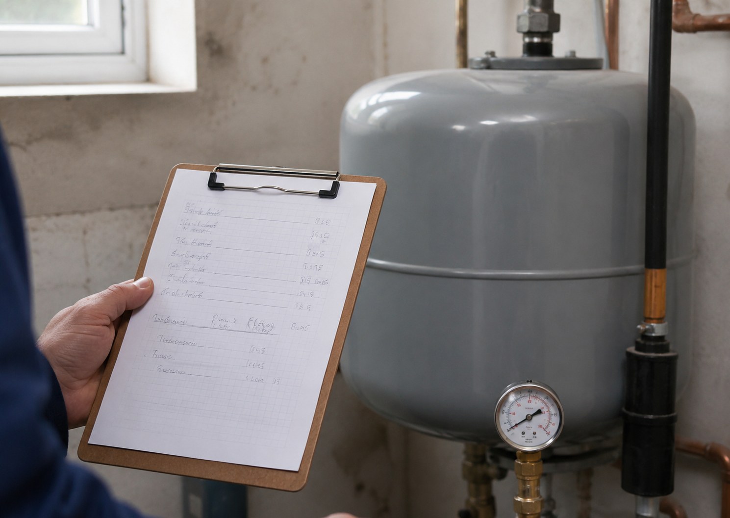 Handwritten estimate on a clipboard next to a pressure tank