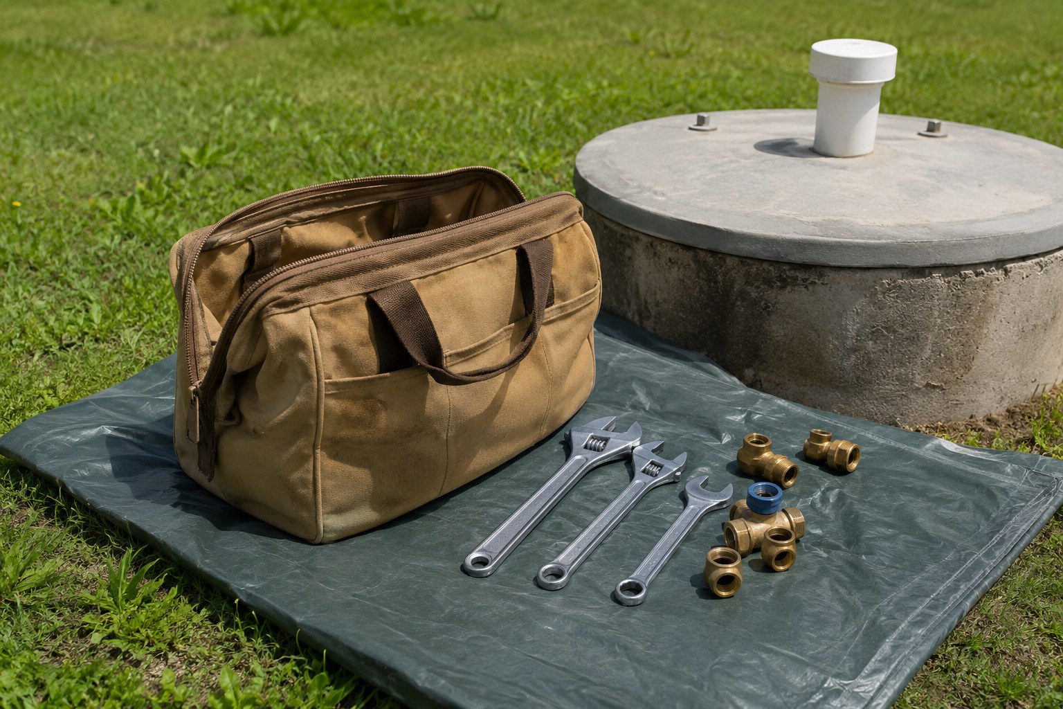 Tools and fittings laid out beside a well cap, ready for service
